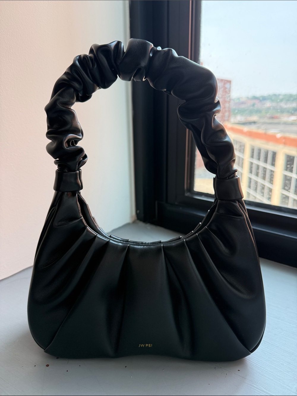 JW PEI Black Ruched-Top Vegan Leather Shoulder Bag